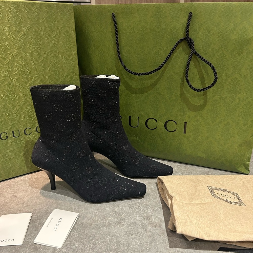NEW GUCCI Demi Logo-Jacquard Metallic Stretch-Knit Ankle Boots EU 39 $1,250